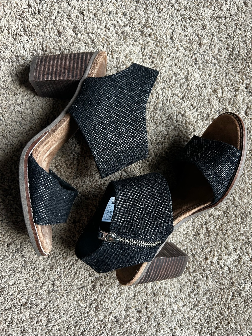 Toms Black Textured Chunky Heel Slide Sandals with Side Zip